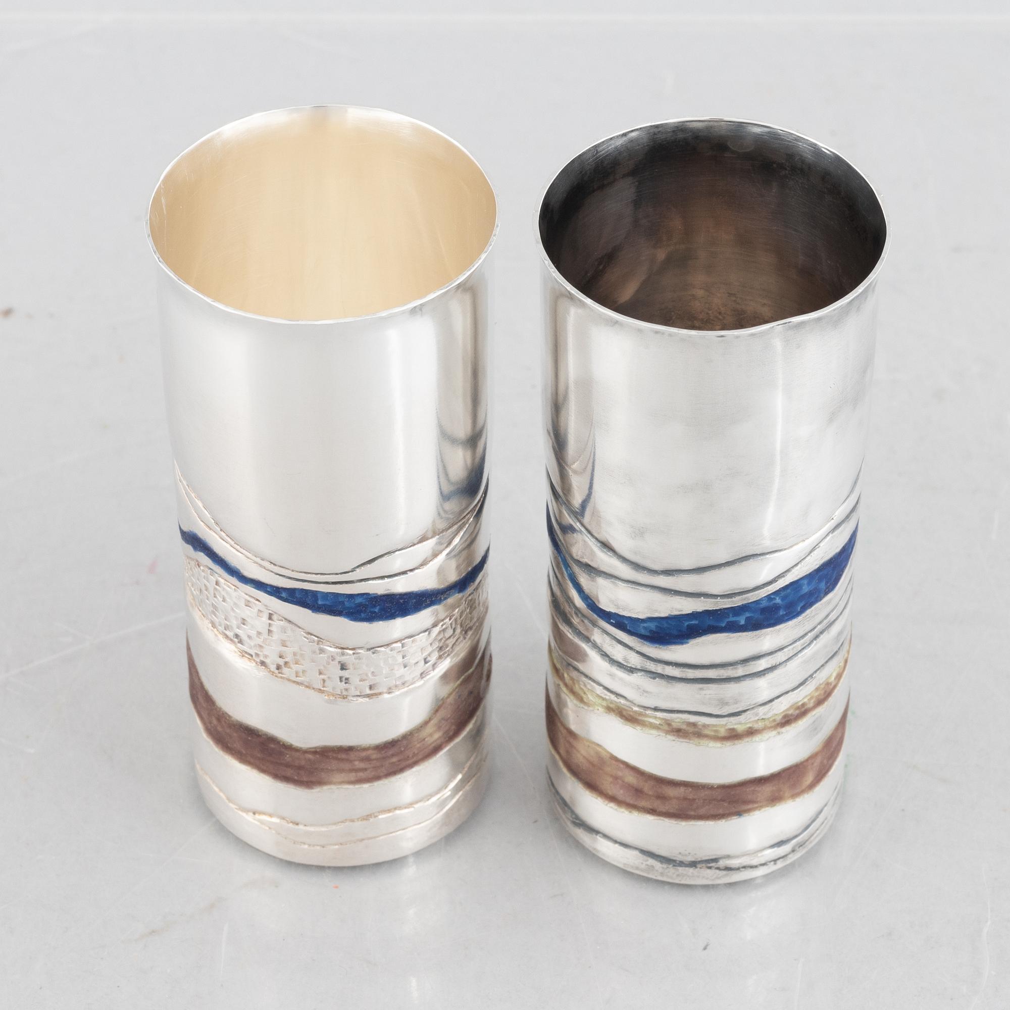 Two sterling silver and enamel beakers/vases, mark of Lars Arby, Gothenburg, Sweden 1982.