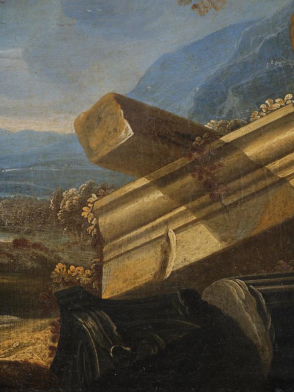 Giovanni Ghisolfi, follower of, Ruined landscape with resting figures.