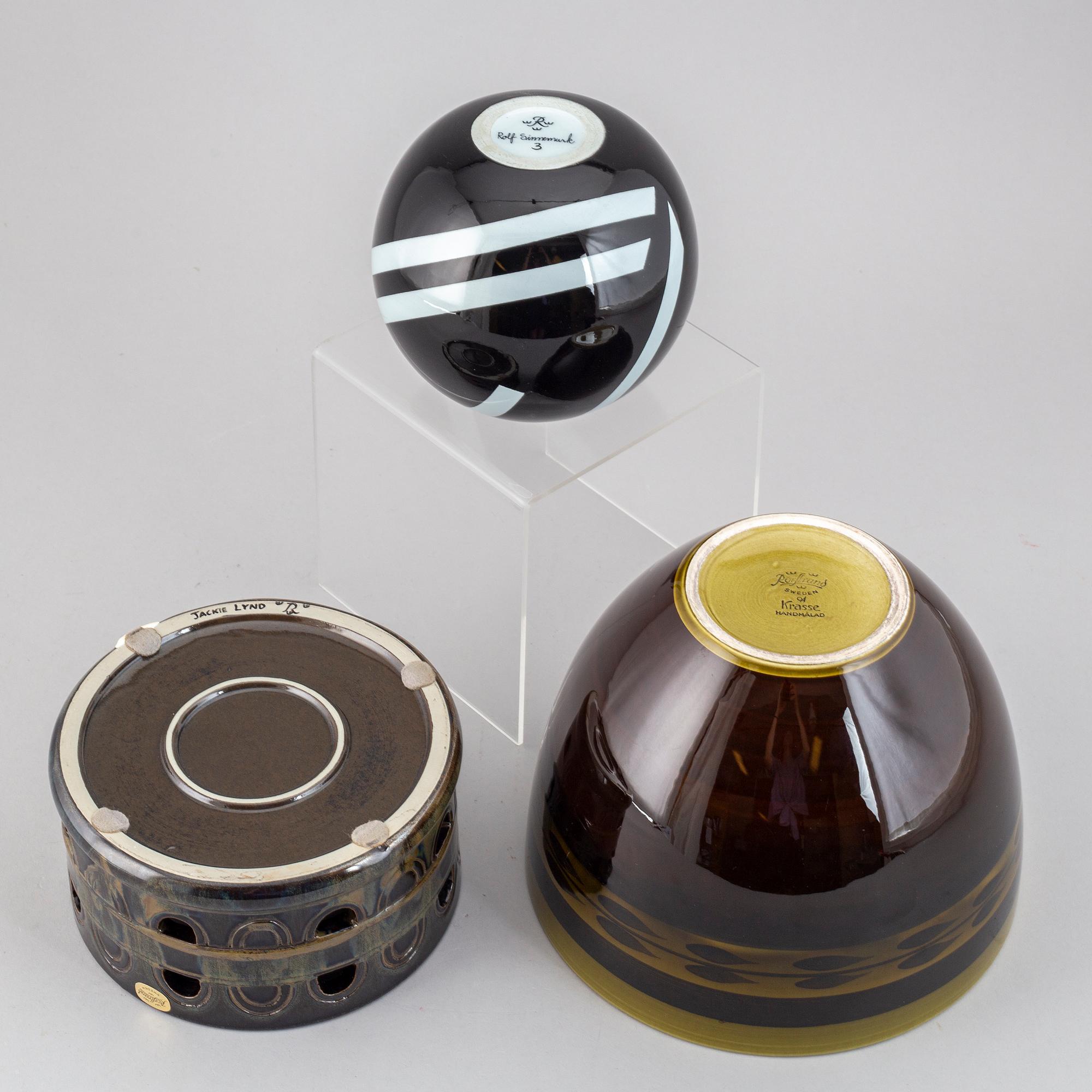 ROLF SINNEMARK, JACKIE LYND and OLLE ALBERIUS, a stoneware vase and two jardinieres, Rörstrand, Sweden.