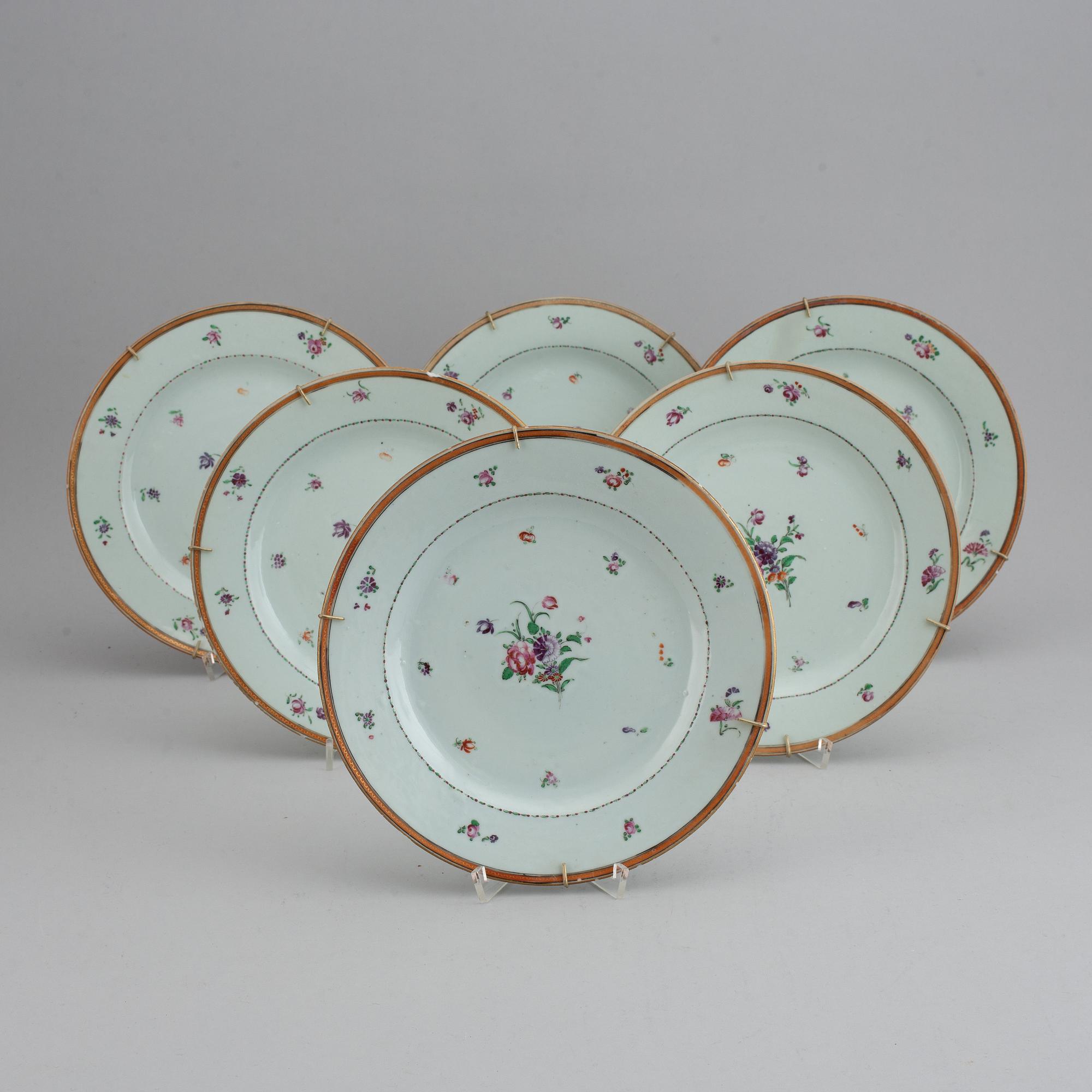 A set of 12 famille rose plates (6+6), Qing dynasty, Qianlong (1736-95).