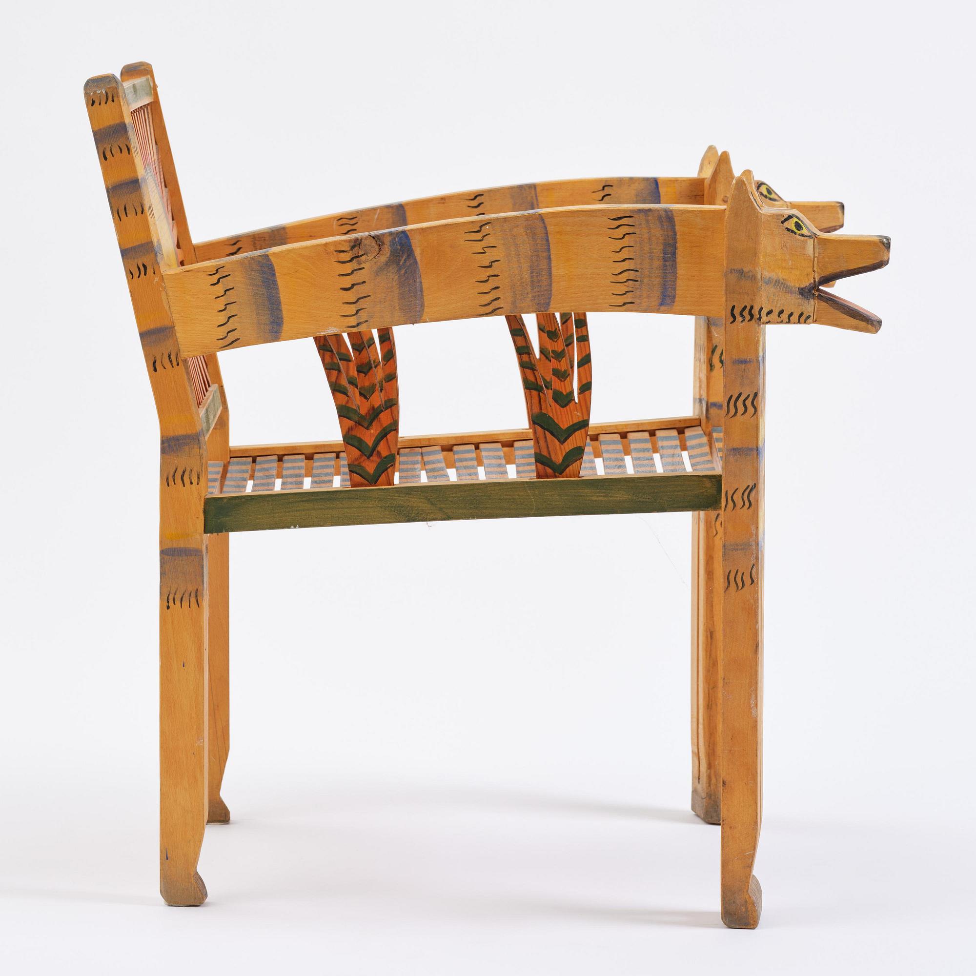 Gérard Rigot, a sculpted and painted oak chair, exectued in his studio, France, second half of the 20th century.