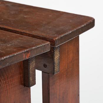Axel Einar Hjorth, a pair of stained pine "Skoga" stools, Nordiska Kompaniet, Sweden, 1930s.