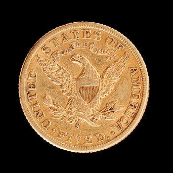 GULDMYNT, 5 dollar, USA, 1899. Vikt ca 8 gram.