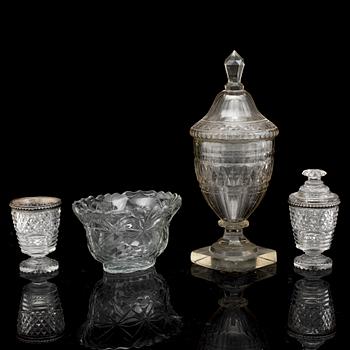 Three cups and a bowl, glass, Anglo-Irish, 19th century.