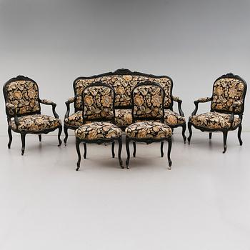 SALONGSGRUPP, 5 delar, rokokostil, 1800-talets andra hälft.