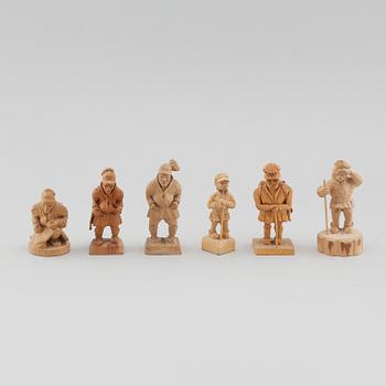 Six wooden figurines by, Axel Bister Kiruna, among others, signed ABK, UH and AAP.