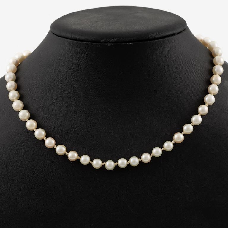 Necklace of cultured pearls with an 18K white gold clasp set with green tourmaline.