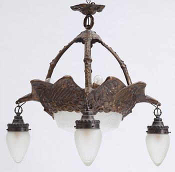 TAKLAMPA, jugend, Alice Nordin, tillskriven, för Böhlmarks Lampfabrik, 1910/20-tal. Totalhöjd: 85 cm.