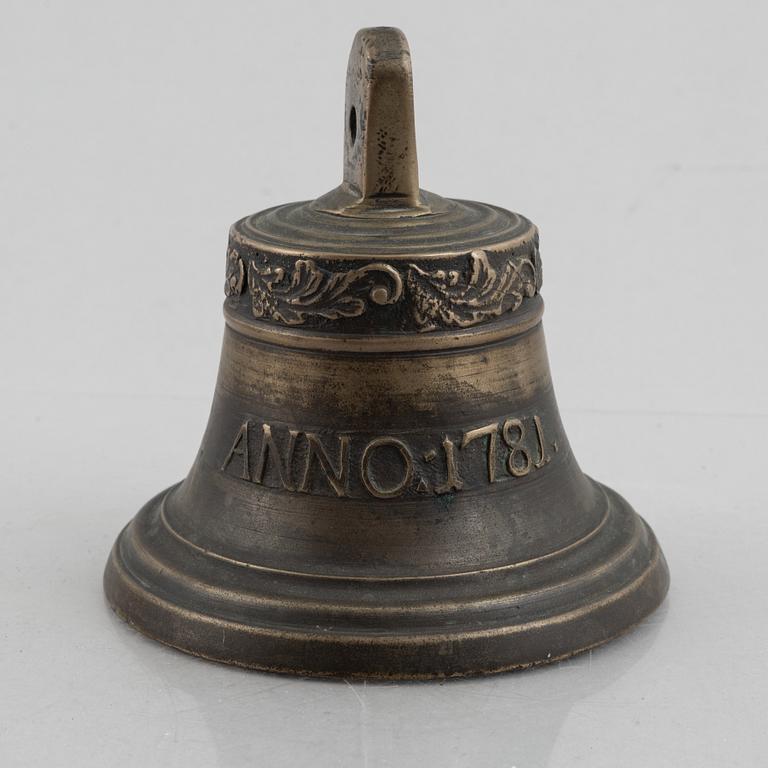 A bronze bell, marked Gothenburg, Sweden, an dated 1781.