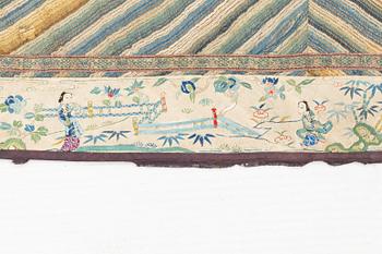 A Chinese five clawed dragon embroidered silk altar cloth, Qing dynasty, 19th century.