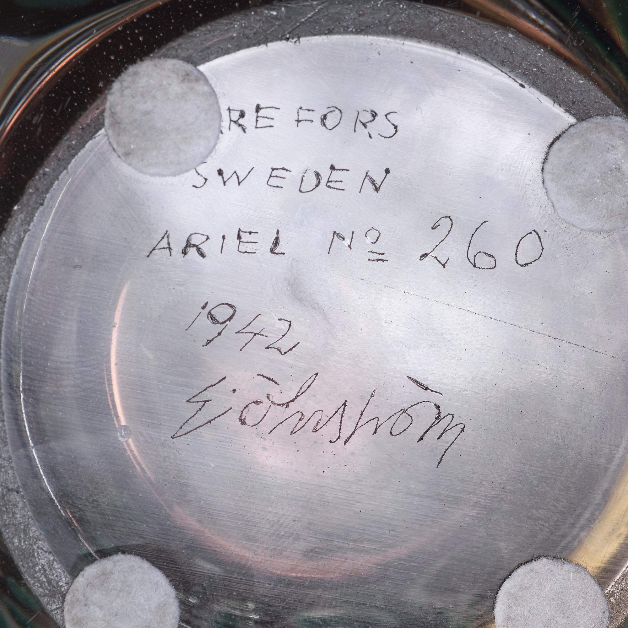 Edvin Öhrström, an "ariel" vase with a bathing female, Orrefors Sweden 1942, nr 260.