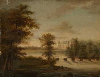 Carl Johan Fahlcrantz, tullskriven, landskap med slottsbyggnad vid vattenfall.