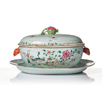 A famille rose 'double peacock' tureen with cover and stand. Qing dynasty, Qianlong (1736-95).