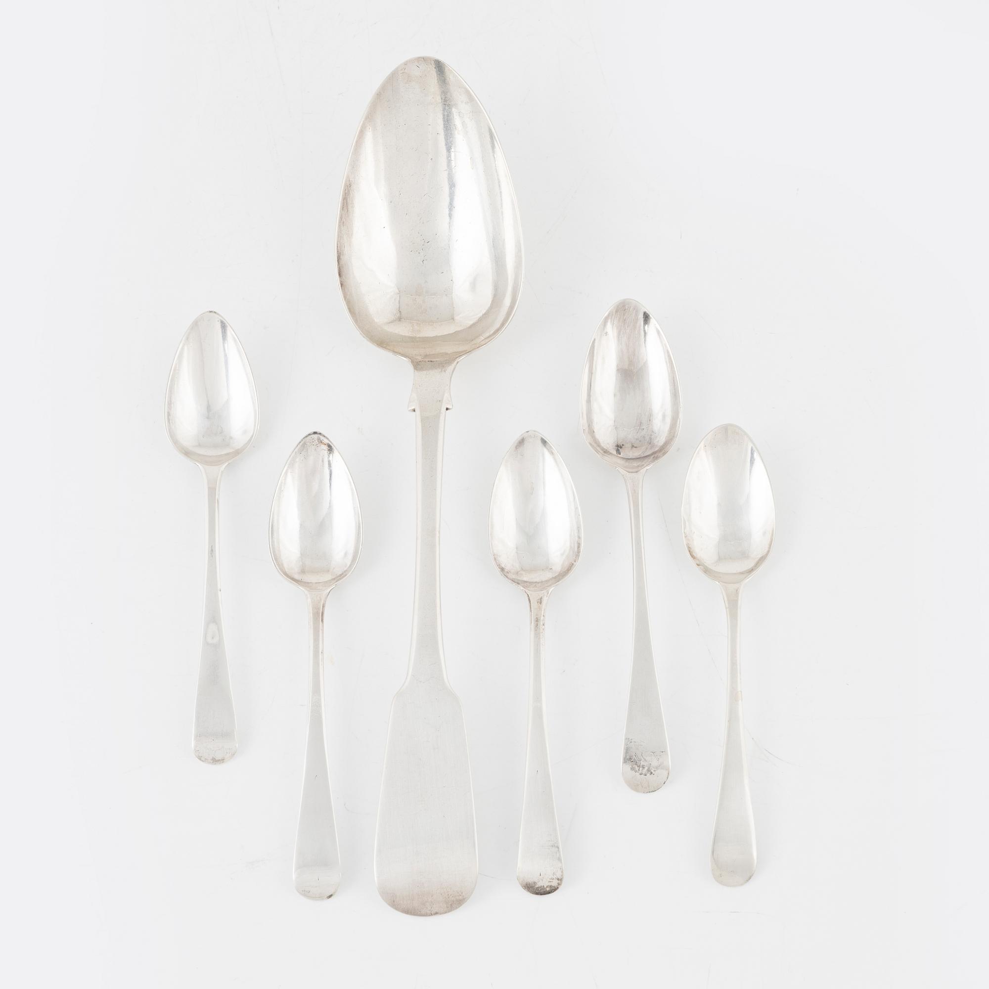 Six silver spoons, Ireland and England, including James Le Bas, Dublin 1828.