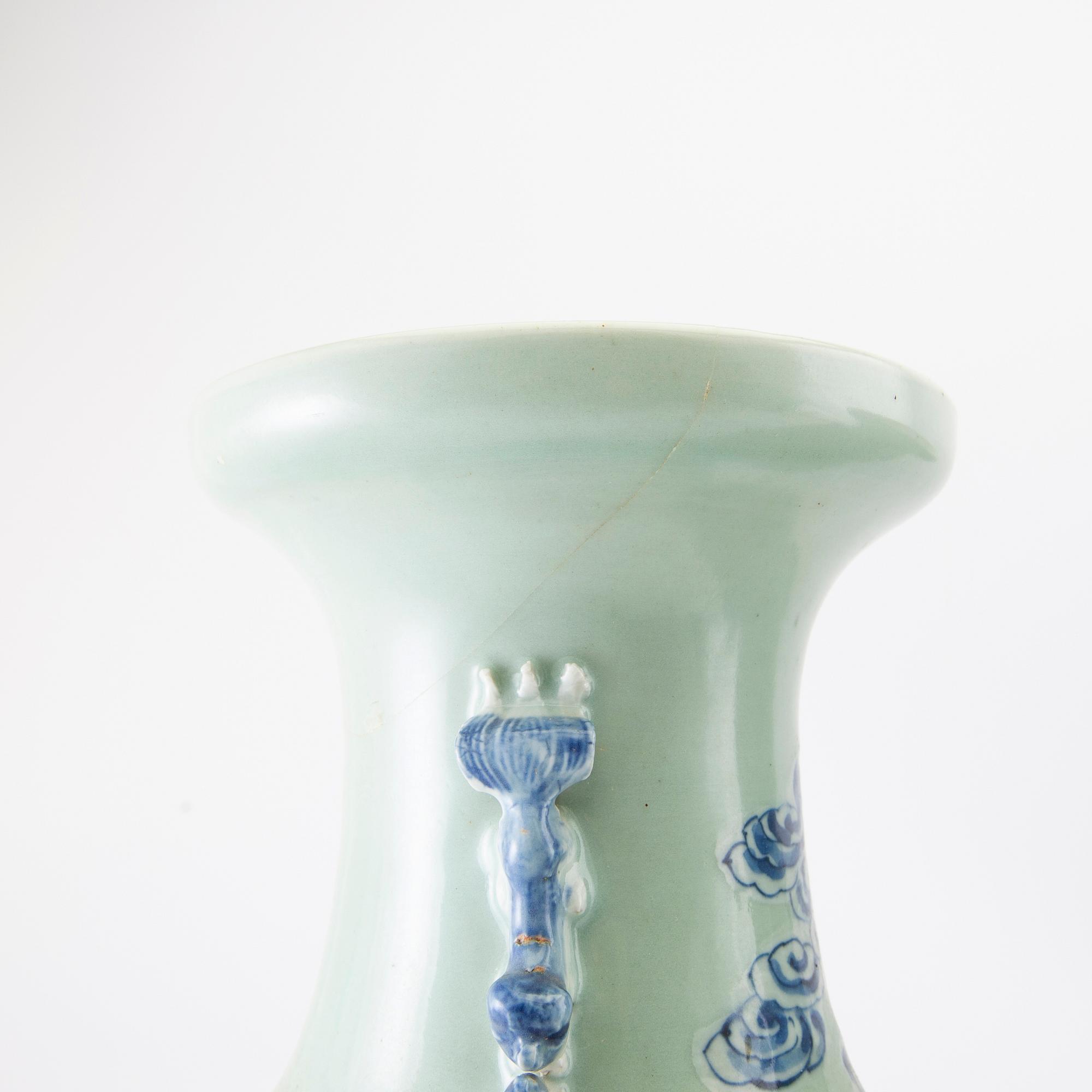 Two underglaze blue and celadon ground vases, late Qing dynasty and 20th century.