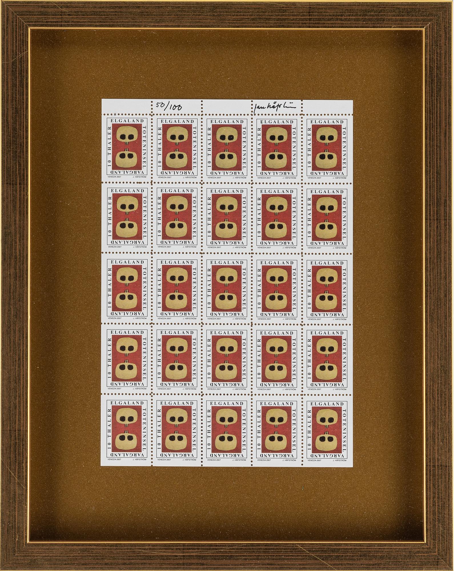 Jan Håfström, offset, frimärksark, signerat och numrerat 50/100.