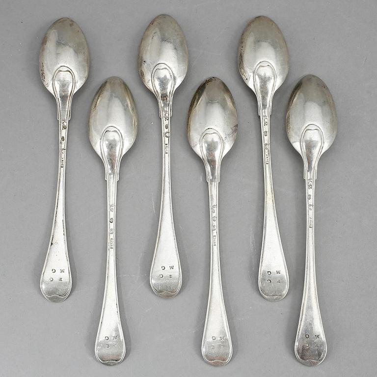 TESKEDAR, 6 st, silver, Lars Boye, Stockholm, 1791-92. Vikt 126 g.