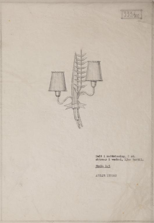 Hans Bergström, vägglampetter 3 st., modell "333", ateljé Lyktan, Åhus 1940-50-tal.