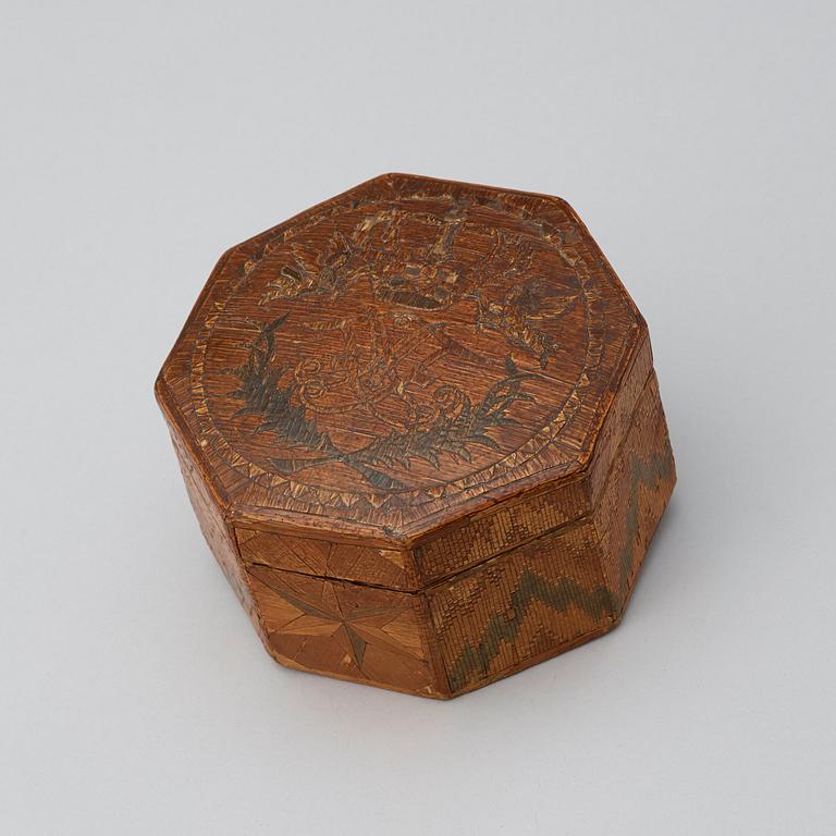 A Swedish 18th century straw-work box with cover, with the monogram of king Adolf Fredrik.