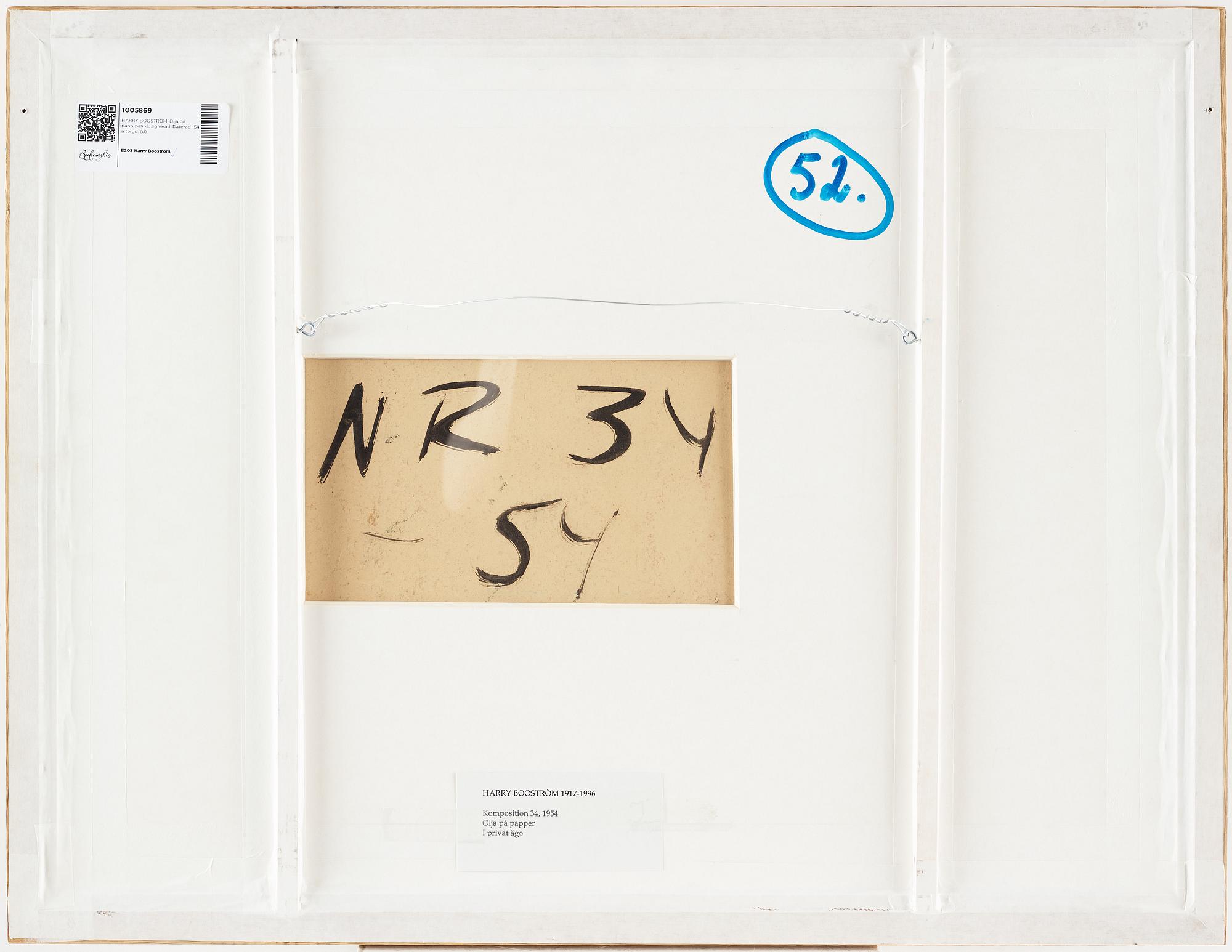 HARRY BOOSTRÖM, Oil on paper-panel, signed. Dated -54 verso.