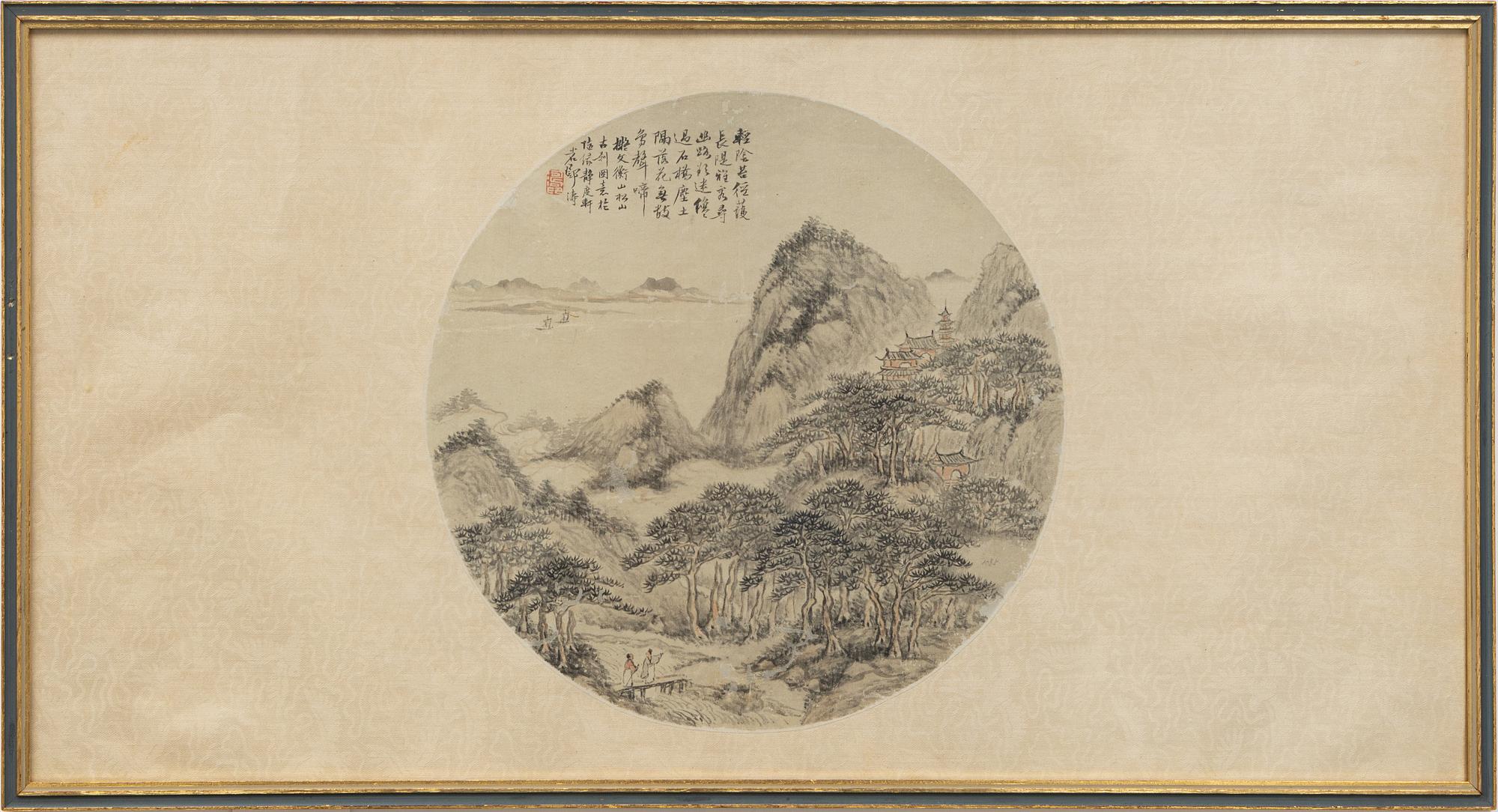 Oidentifierad konstnär, s.k. "Solfjädersmålning", Figurer i bergigt flodlandskap, Kina, sen Qingdynasti/1900-tal.
