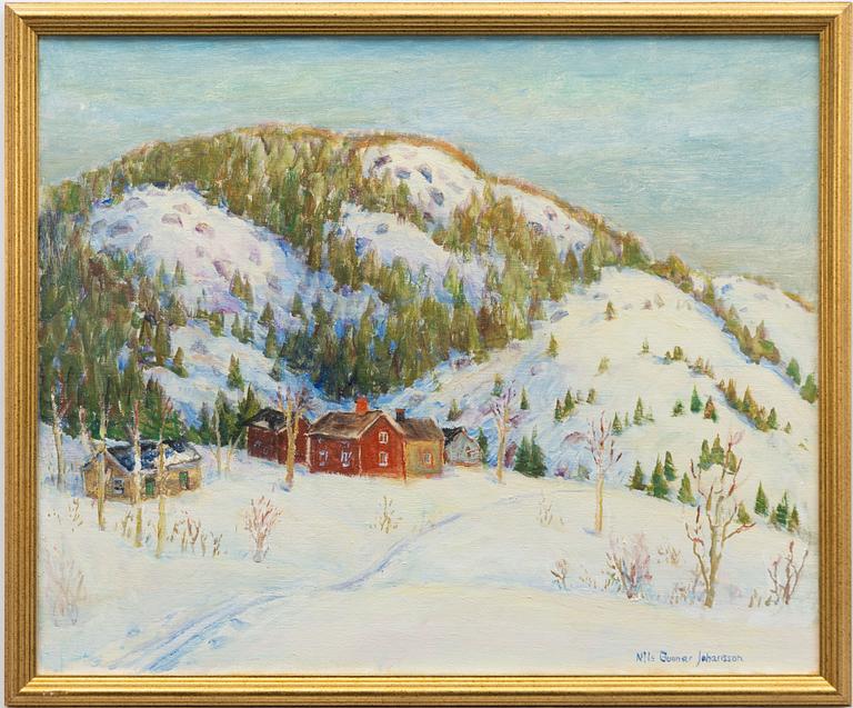 Nils Gunnar Johansson, Vinterlandskap med stugor vid fjäll.