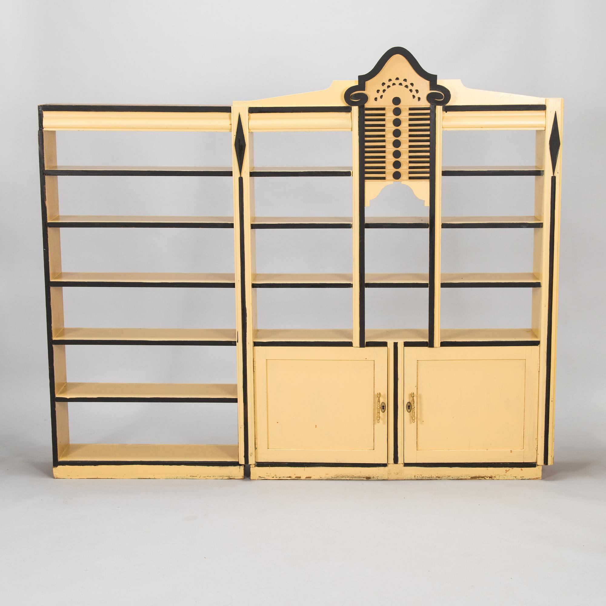 Two wall cabinets and shelves, Sagu pharmacy furniture, Finland early 20th century.