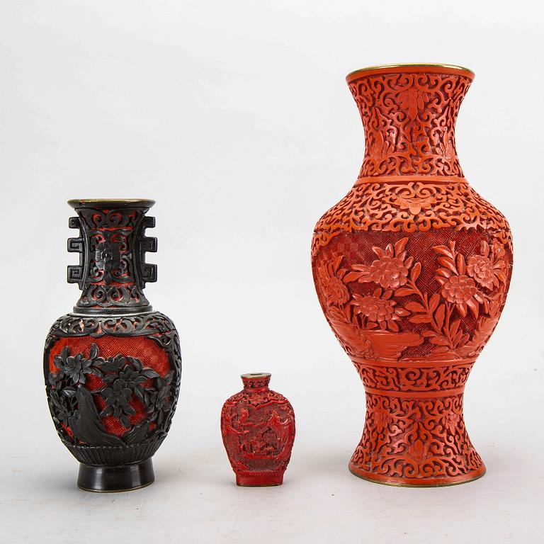 A set fo five Chinese lacquer vases and bowls first half of the 20th century.