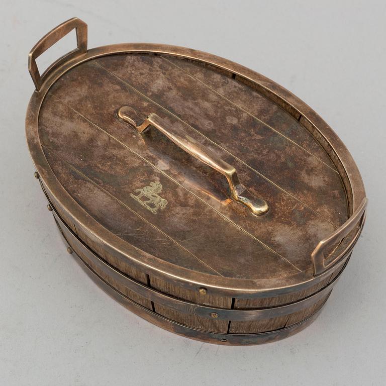 A British silver plate and oak butter box, late 19th /early 20th Century.