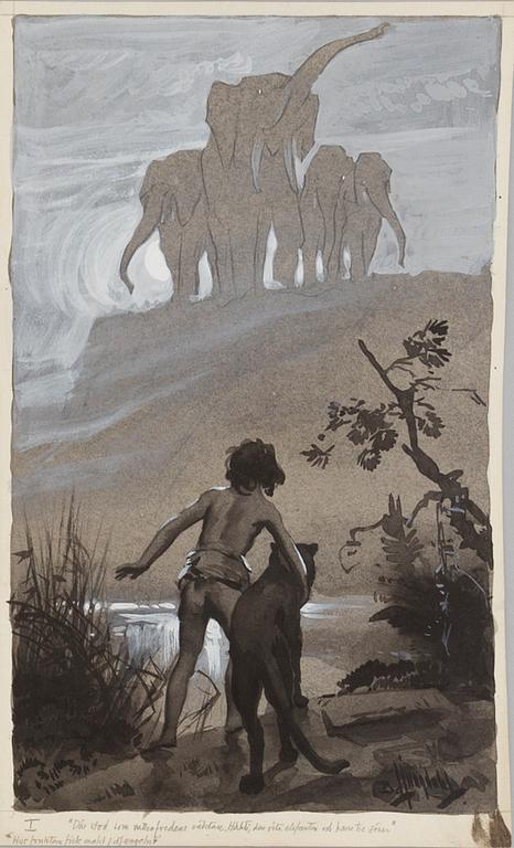 DAVID LJUNGDAHL, illustrationer, 8 st, tusch och täckvitt, signerade D. Ljungdahl. "Den andra djungelboken".