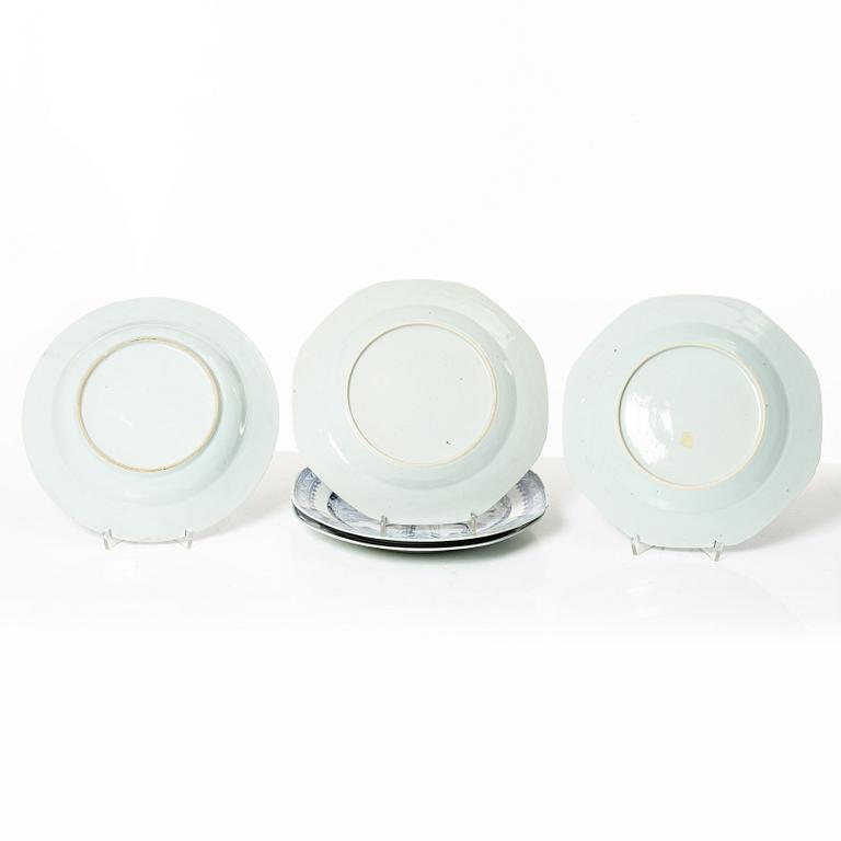 A group of seven Chinese blue and white porcelain plates and five dessert dishes, Qing dynasty, Qianlong (1736-95).
