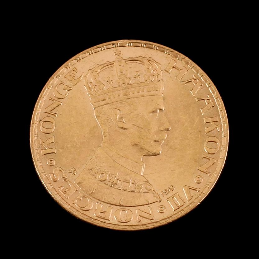 GULDMYNT, 10 kroner, Haakon VII, Norge, 1910.  Vikt ca 4 gram.