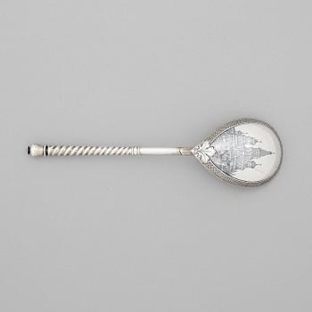 A Russian 19th century parcel-gilt caviar-spoon, marks of S. Stroganov, Moscow 1877.