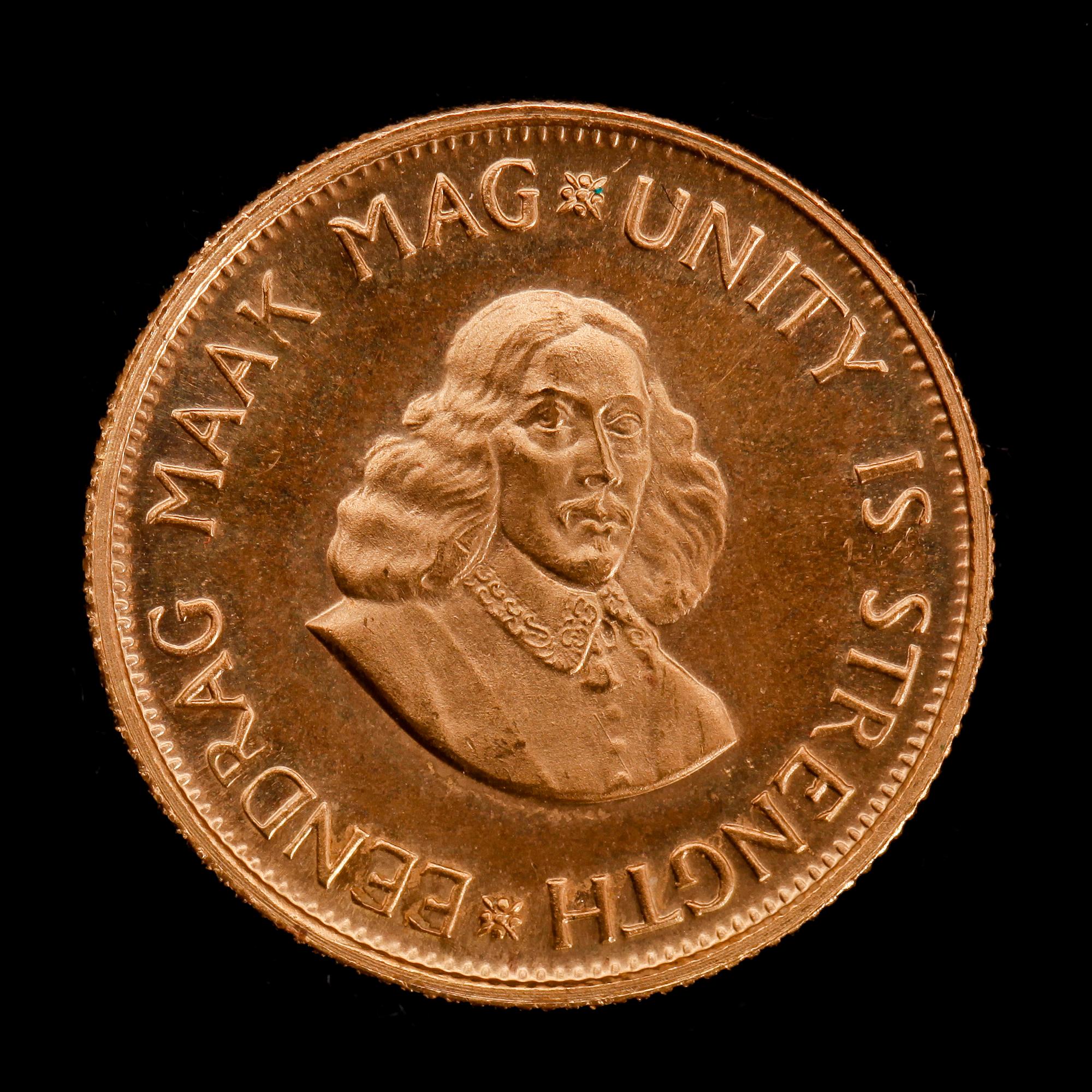 GULDMYNT, 2 rand, Suid-Afrika 1974. Vikt ca 8 gram.