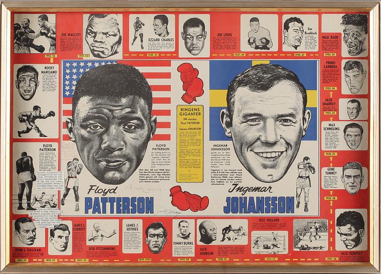AFFISCH, "Ringens giganter VM-matchen Floyd Patterson vs Ingemar Johansson", Ewes tryckeri AB, Stockholm, 1959.