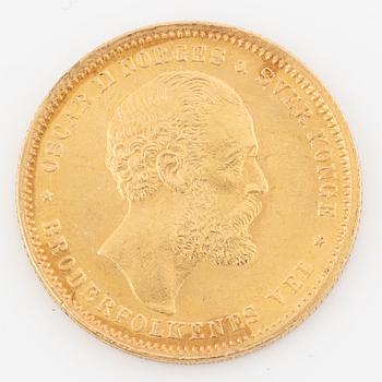 Pendant in gilded silver with two gold coins, 20 kr Oscar II 1875 and 5 rubles Nicholas II 1900.