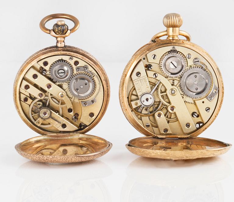 FICKUR, 2 st, delvis 14 K respektive 18 K guld, 1900-talets första hälft. Total vikt 58 g.