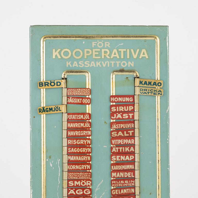 Inköpstavla, Kooperativa förbundet, AB Hugo Brusewitz Bleckvarufabrik, Göteborg, 1930-40 tal.