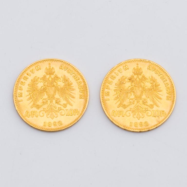 TWO GOLD COIN, 4 fl/10 fr, Frans Josef, Austria, 1892.