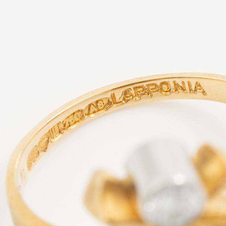 Lapponia, ring 18K gold with a blue stone likely of feldspar and a round brilliant-cut diamond, Finland 1978.
