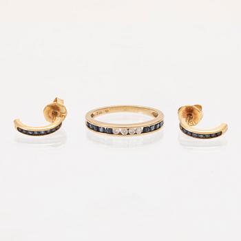 An 18K gold ring and a pair of earrings by H. Stern set with round brilliant cut diamonds and sapphires.