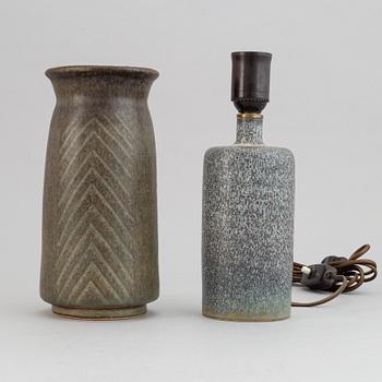 Carl-Harry Stålhane, a stoneware vase, Rörstrand Ateljé and a table light, Rörstrand, second half of the 20th Century.