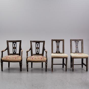 A pair of gustavian armchairs and a pair of gustavian chairs, ca 1800.