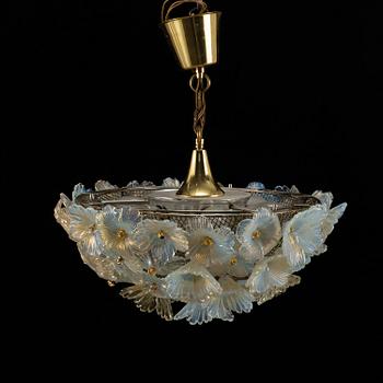 A 20th century brass and glass ceiling lamp.