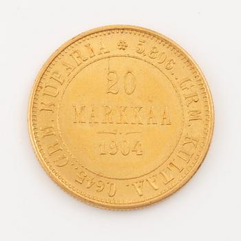 A goldcoin, Finland, Russian Duchy, 20 Markkaa, 1904.