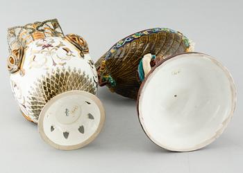 A majolica vase and bowl from Rörstrand, around the year 1900.