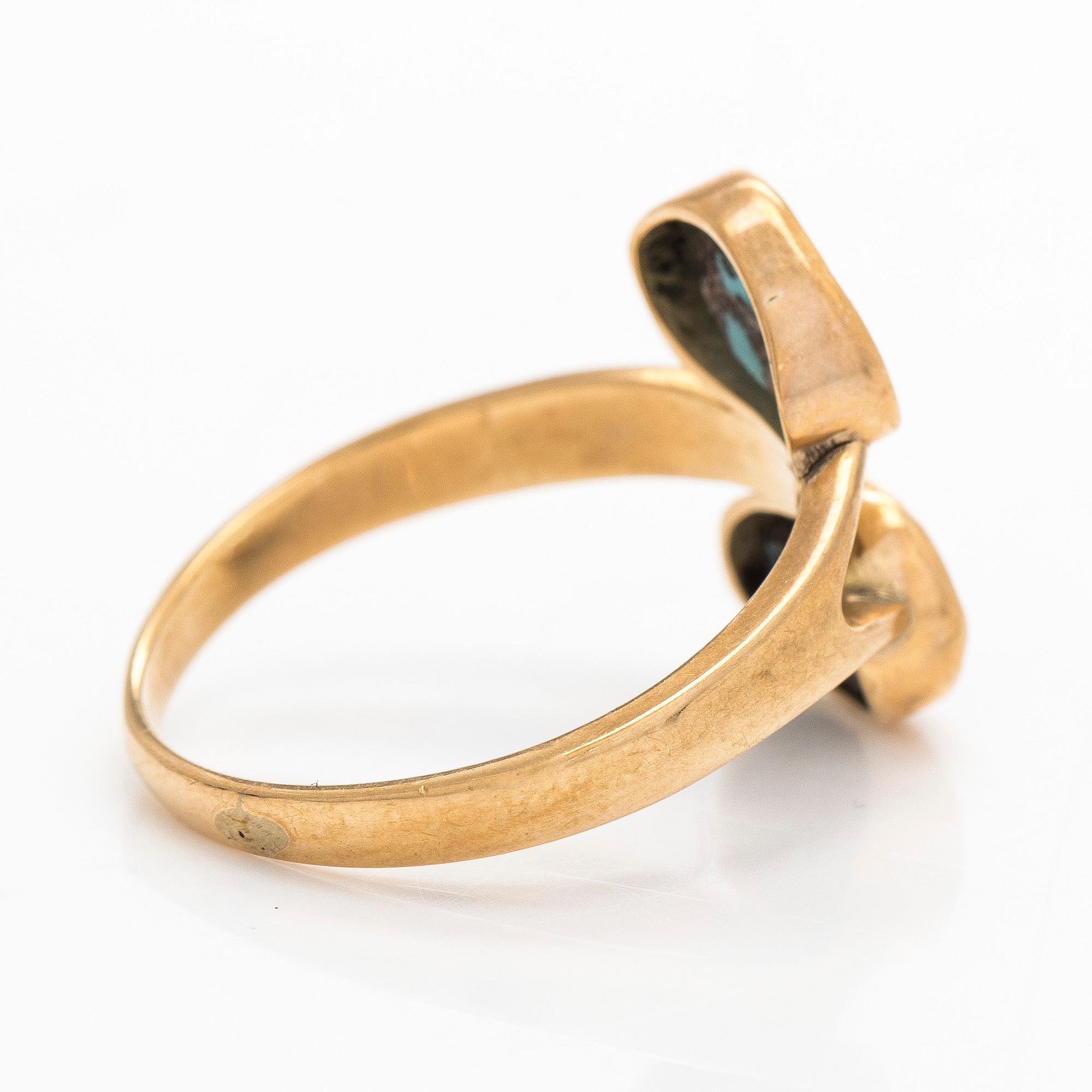 Ring, cabochon cut turquoise stones, 14K gold, Tillander, Helsinki 1957.