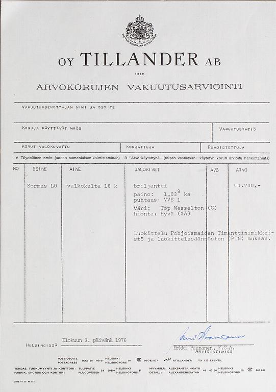 A Tillander, Ring, 18K vitguld, briljantslipad diamant ca 1.03 ct. Helsingfors 1974.