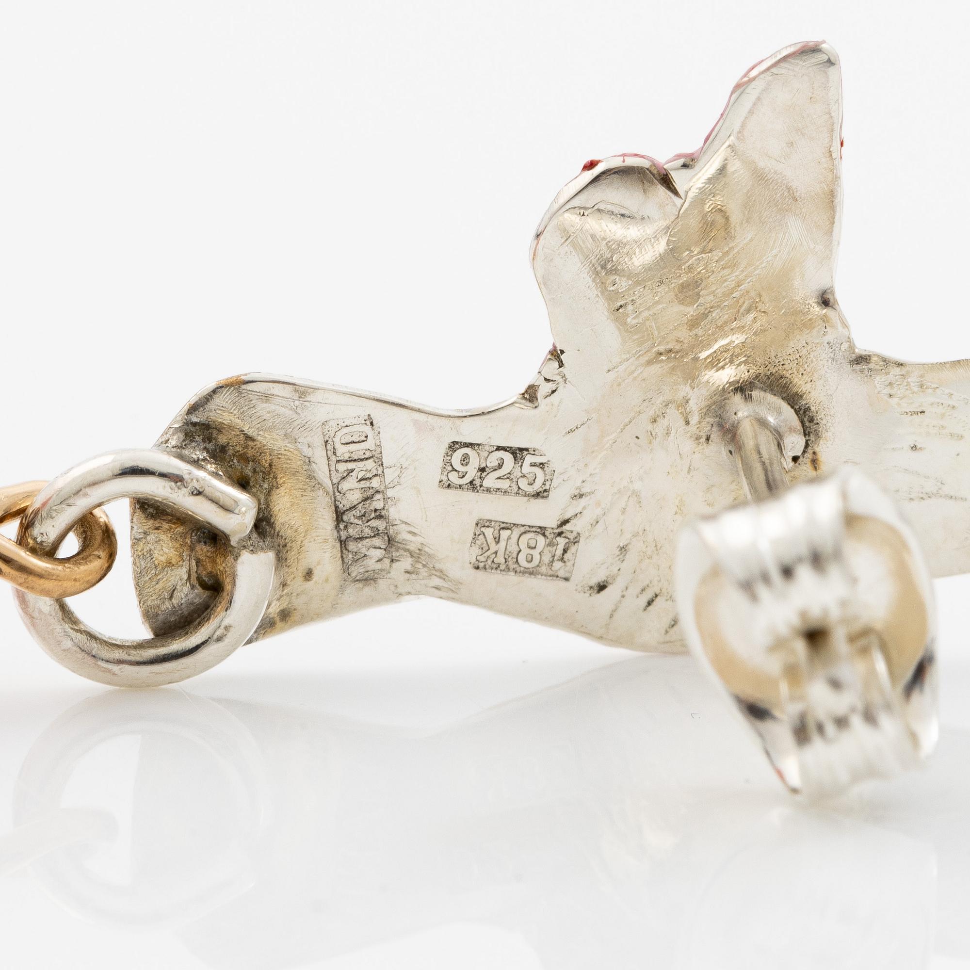Earrings, silver, 18K gold and enamel in the form of a hummingbird with pink opal, Mandelstam.