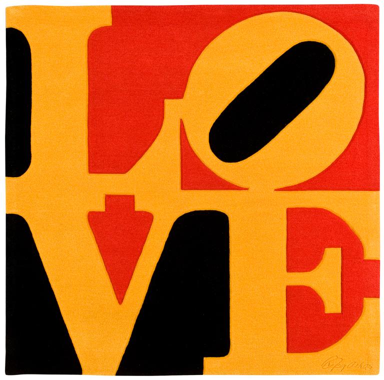 Robert Indiana, Signed R Indiana and numbered 139/300 on label verso and signed R Indiana in the carpet. Hand tufted carpet 183 x 183 cm.